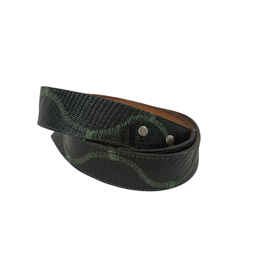 Vintage DDD Black Reptile Embossed Green Stitch Leather Belt Strap 38